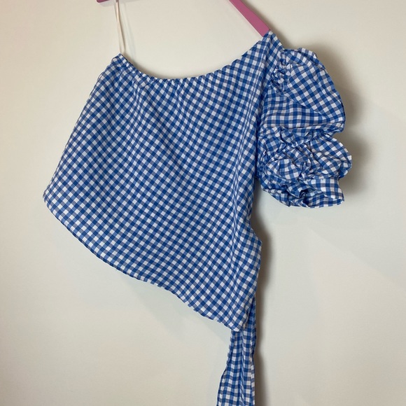 EEUC ROMWE One Shoulder Puff Sleeve Gingham Top - Picture 8 of 13